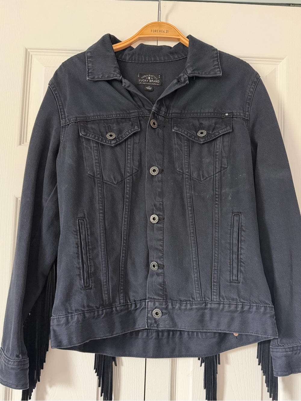 Lucky Brand Black Denim Jacket with Fringe Hem